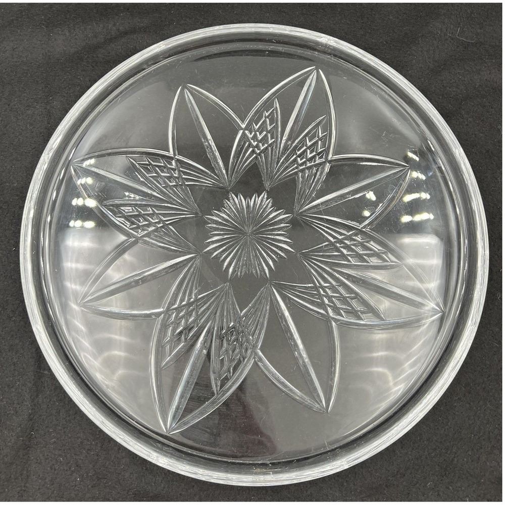 Lenox Crystal Platter 11.5 Inch Round Serving Tray Starburst Floral Cut Glass